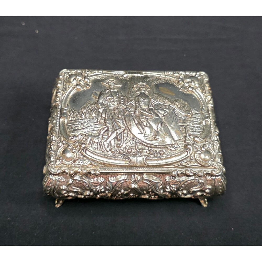 Vintage Repoussé Couple Jewelry Casket Box Silver Tone w/Red Velvet Lining Japan